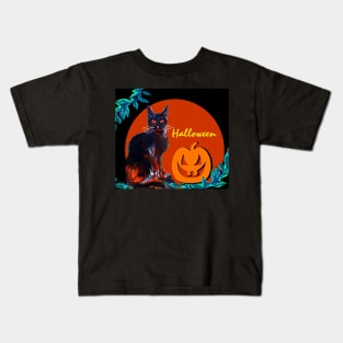 BLACK CAT WITH PUMPKIN IN HALLOWEEN NIGHT Kids T-Shirt